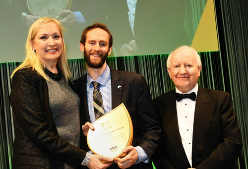Thompson (middle) accepted the IMEX-EIC Innovation in Sustainability Award on behalf of the Salt Palace Convention Center and Mountain America Exposition Center in May 2018 in Frankfurt, Germany.  